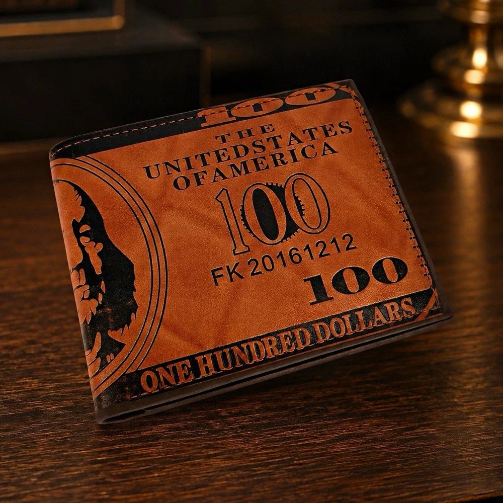 Men's Brown Bifold Wallet Stitched Novelty USA $100 Bill Money Print